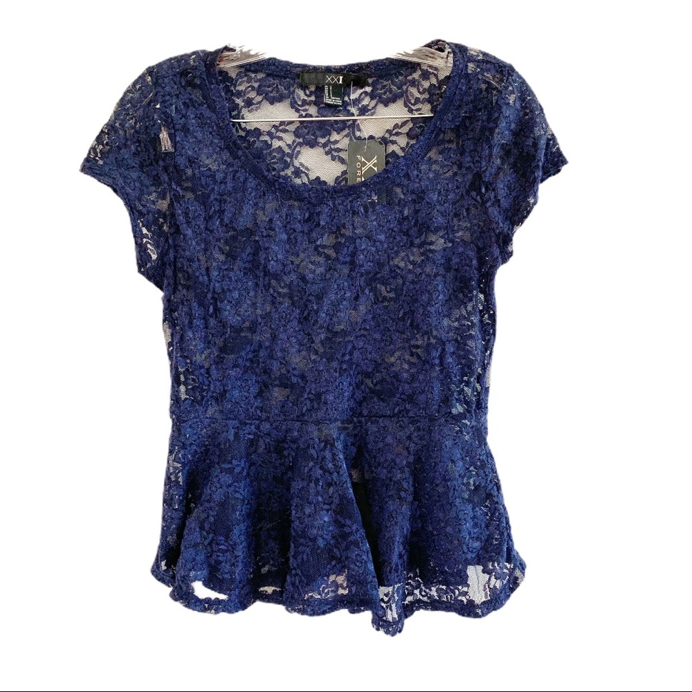 Forever 21🌟 Navy Blue Lace Peplum Blouse Top